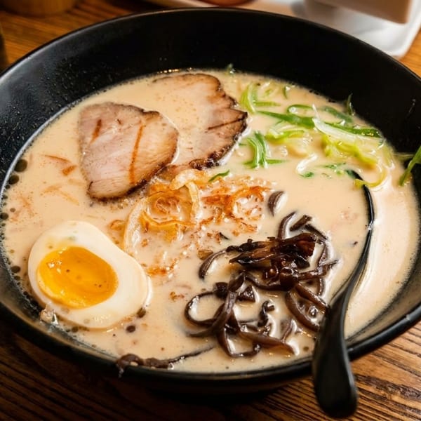 Close-up of a bowl of ramen with pork, egg, green onions, and mushrooms in a creamy broth.
