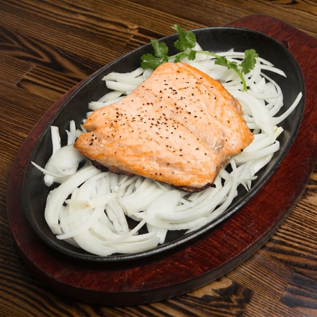 Salmon Teriyaki on a Hot Sizzling Plate Lunch.