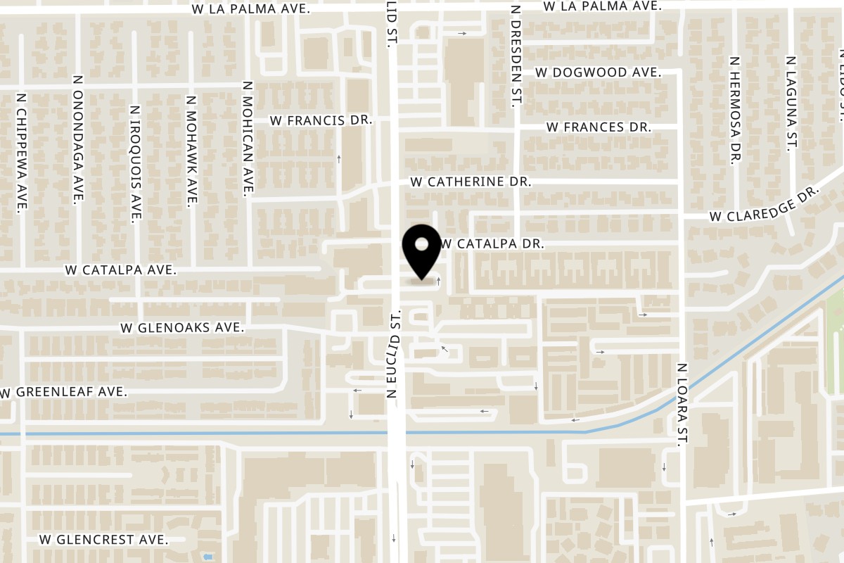 Map showing the location of Kaiba Japanese Ramen, Sushi & Grill Anaheim on 820 N Euclid St in Anaheim